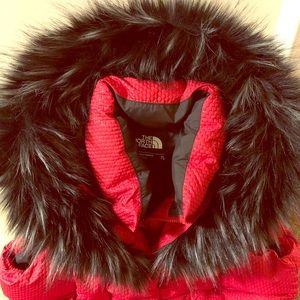 The North Face Long Red Vest with Faux Fur Hood